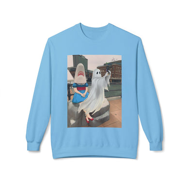 Shark Girl Selfie Buffalo Ghost Crewneck Sweatshirt, Cozy Fall Fashion, Halloween Apparel, Spooky Gift, Unisex Casual Wear