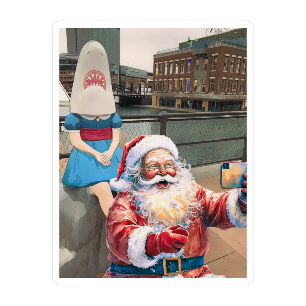 Santa Selfie with Shark Girl Waterproof Sticker