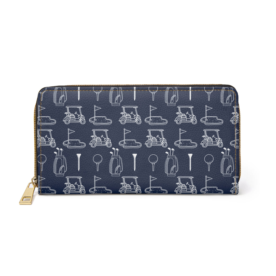 Navy and White Golf Patterned Full Zipper Faux Leather Wallet