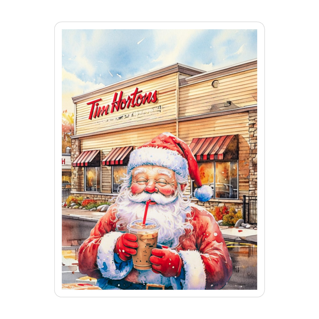 Santa with An Iced Coffee at Tim Horton's Waterproof Sticker