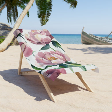 Pink Peony Watercolor Floral Patterned Beach Towel