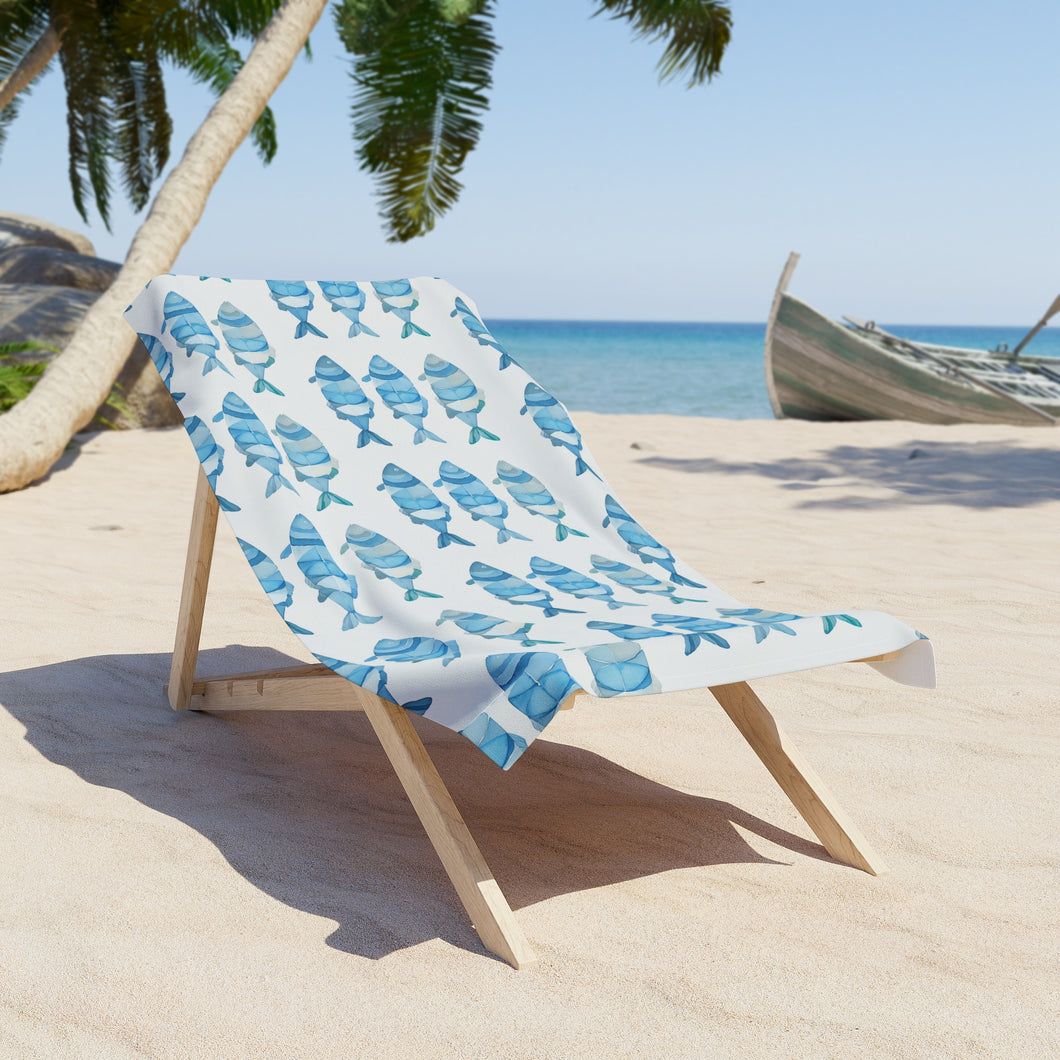 Watercolor Blue Fish Patterned Beach Towel