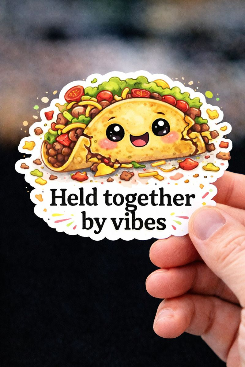 Held Together By Vibes Taco Waterproof Sticker