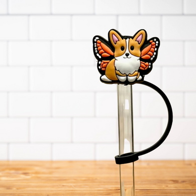 Silicone Straw Topper- Corgi Butterfly