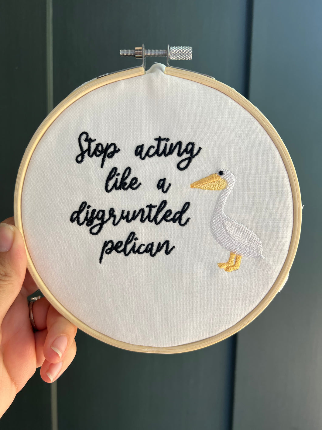 Disgruntled Pelican Embroidery Hoop